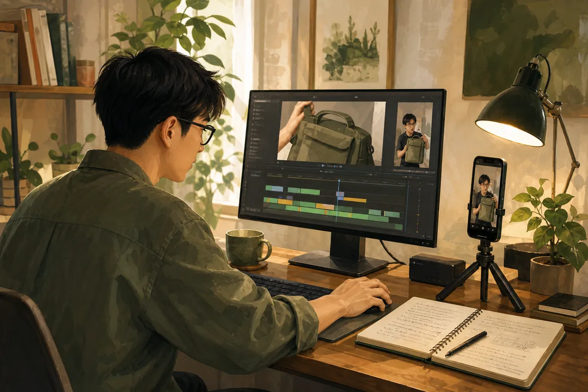 레퍼런스 영상과 스크립트를 보며 쇼츠를 준비하는 크리에이터